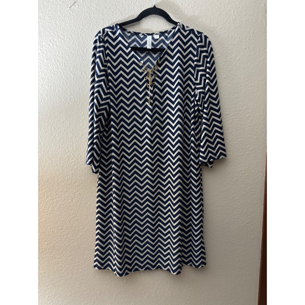Tacera Navy Blue White Chevron Zig Zag Shift Dress Gold Tassel Detail L A1077